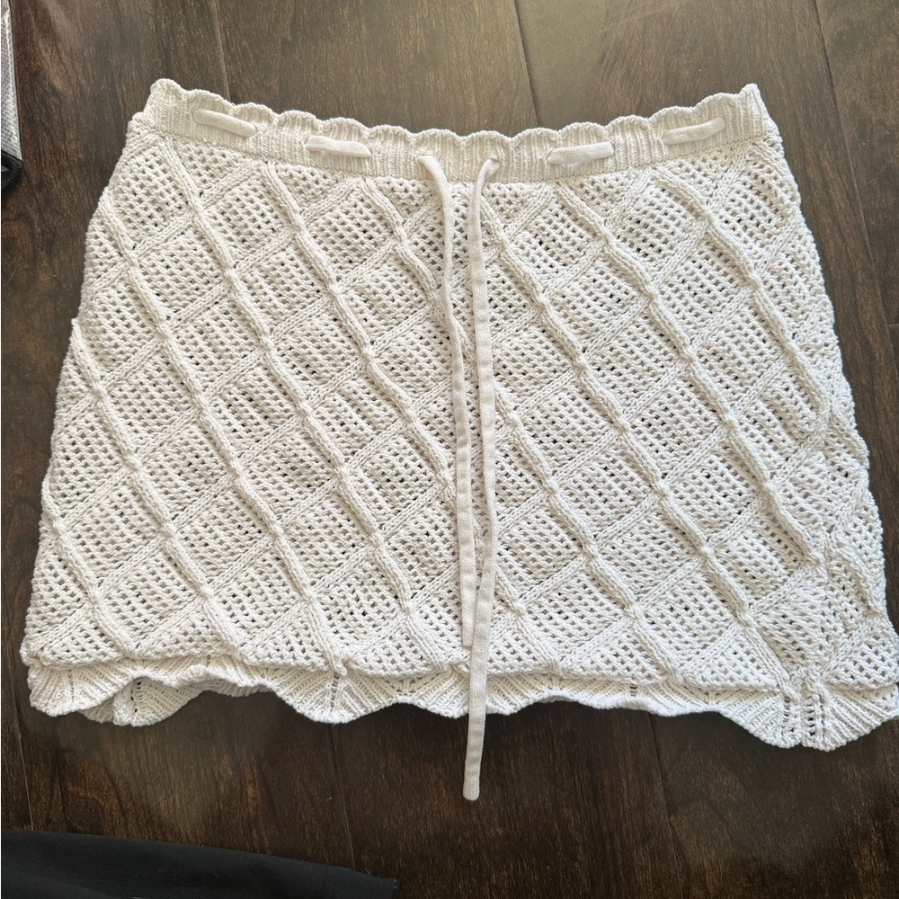 White Crochet Drawstring Mini Skirt